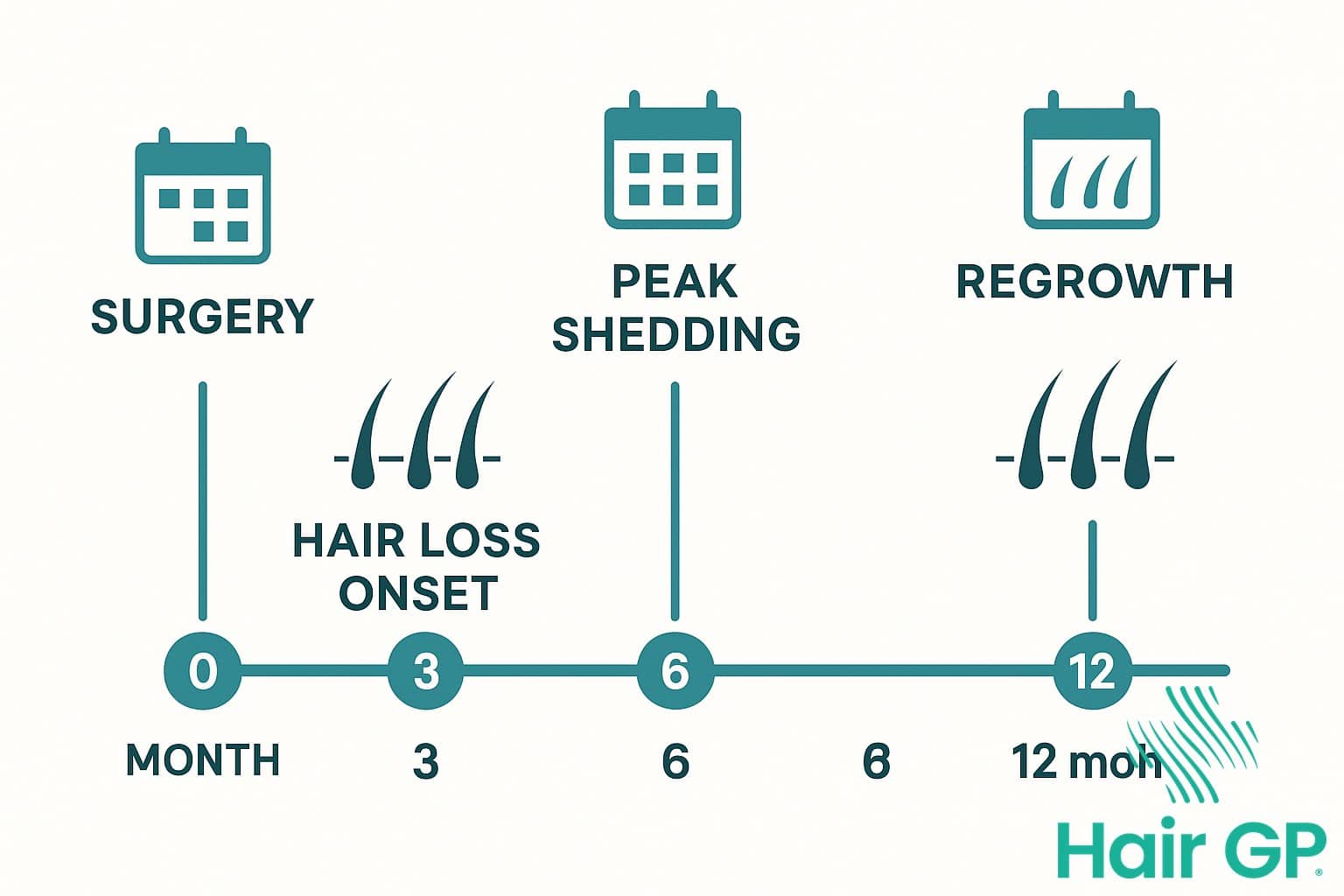 Timeline showing hair loss and regrowth phases after bariatric surgery