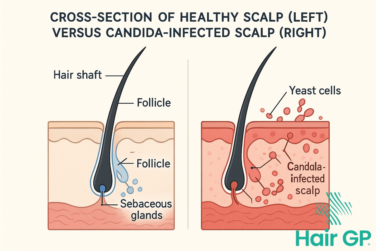 Diagram comparing healthy scalp with Candida-infected scalp showing yeast overgrowth around hair follicles
