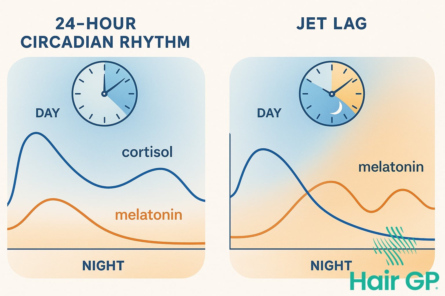 Diagram showing normal circadian rhythm versus jet lag disrupted sleep patterns