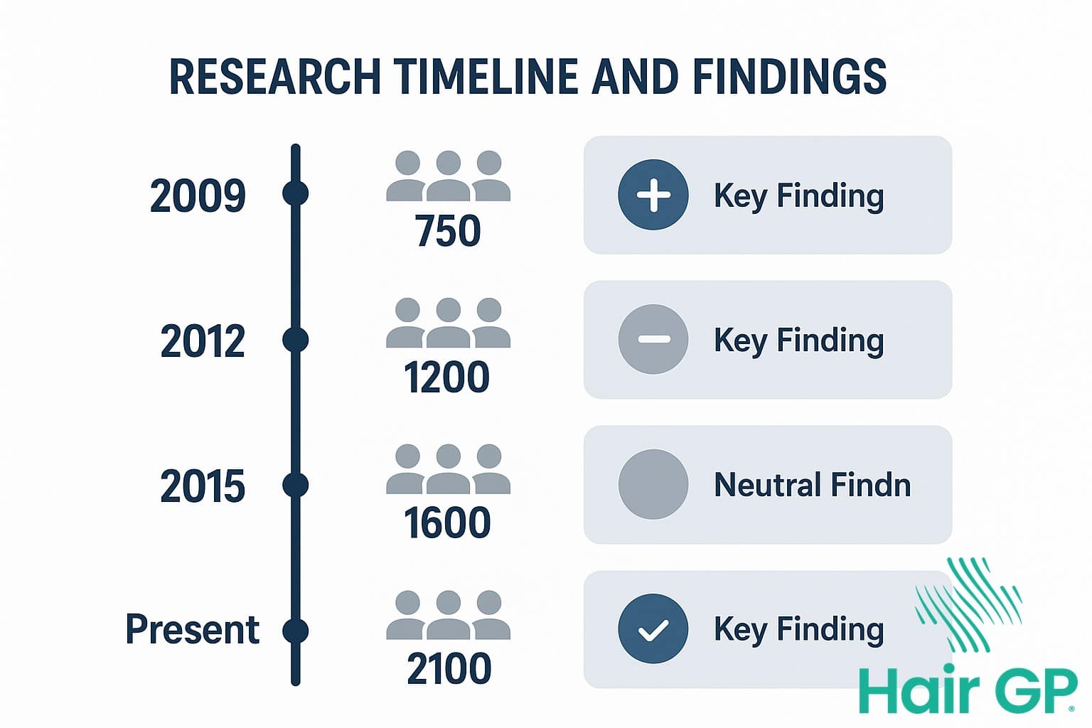 Infographic timeline of creatine and hair loss research studies from 2009 to present