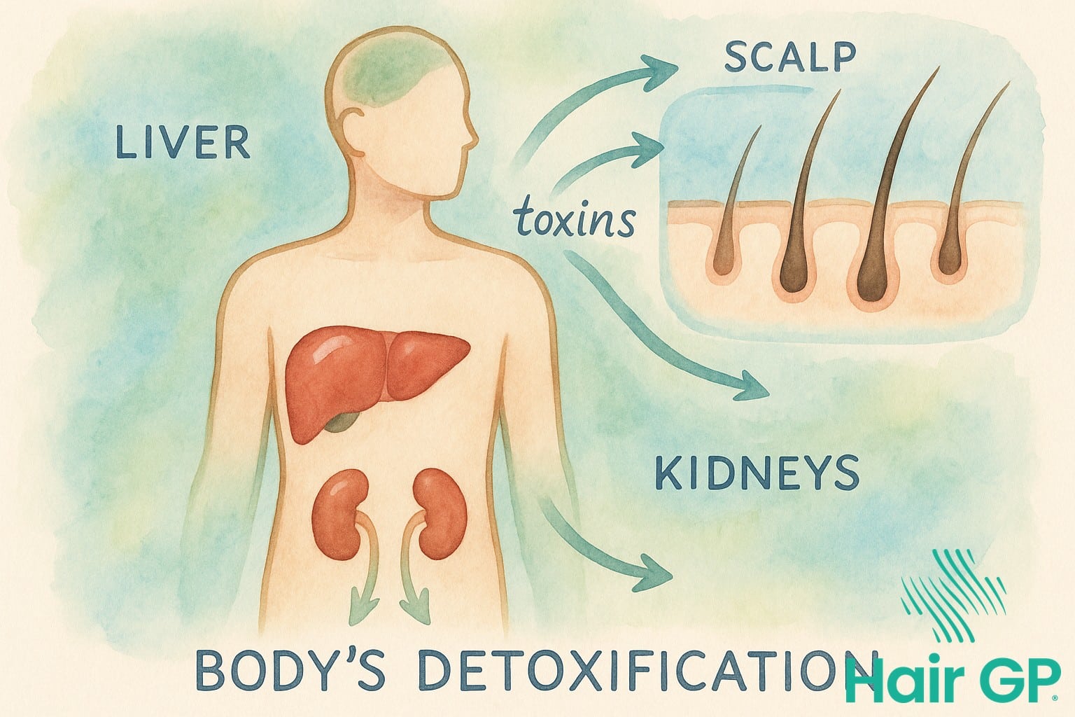 Illustration of body detox systems affecting hair follicles and causing temporary shedding