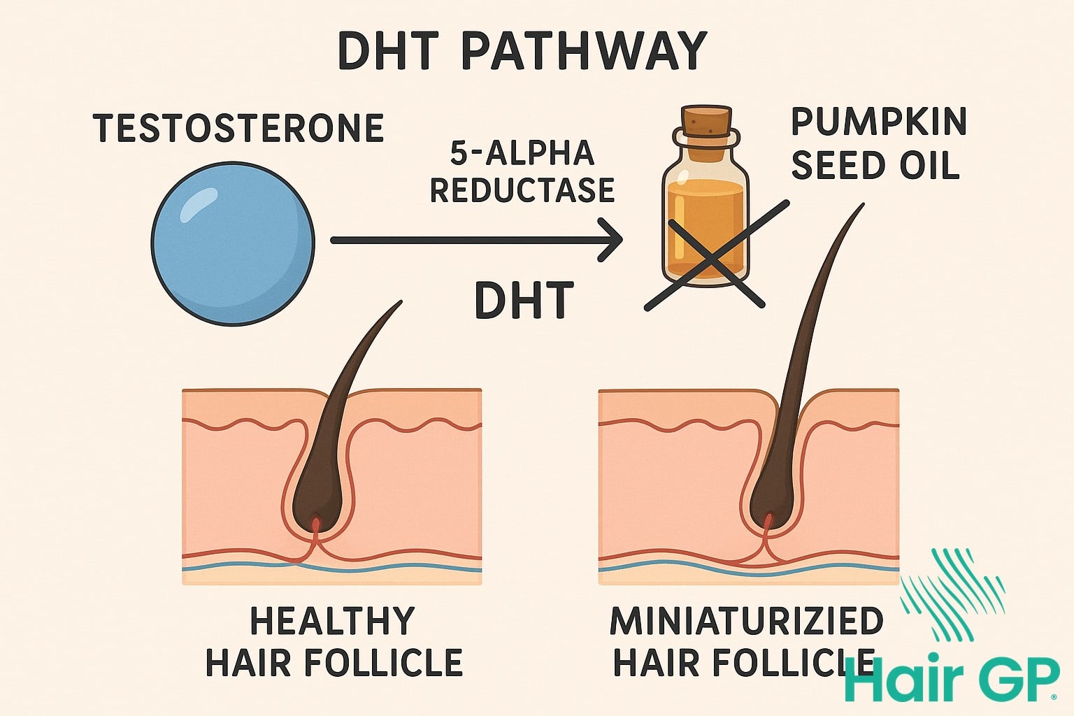 Diagram showing how pumpkin seed oil blocks DHT to prevent hair loss