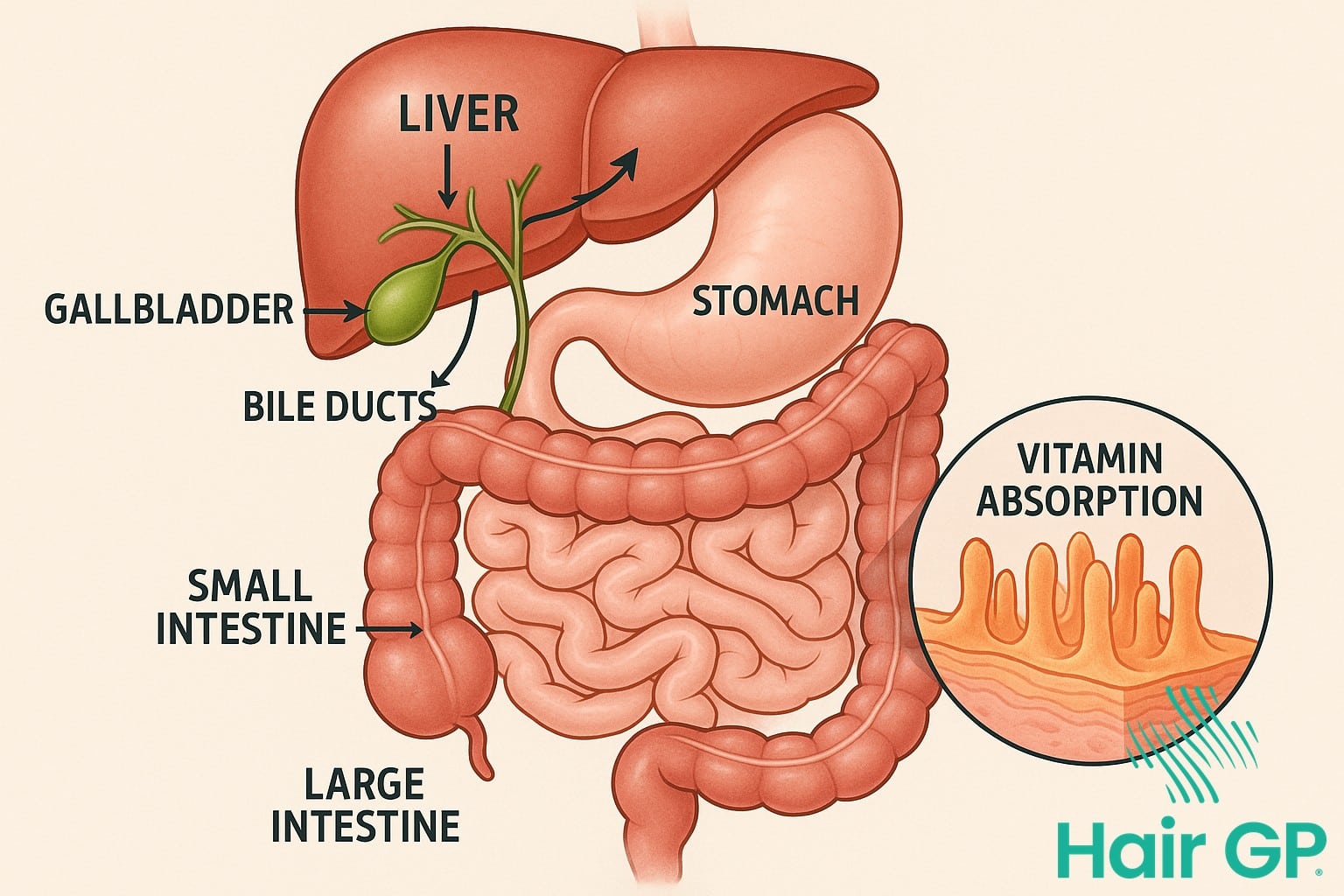 Diagram showing gallbladder bile flow and nutrient absorption pathway affecting hair health