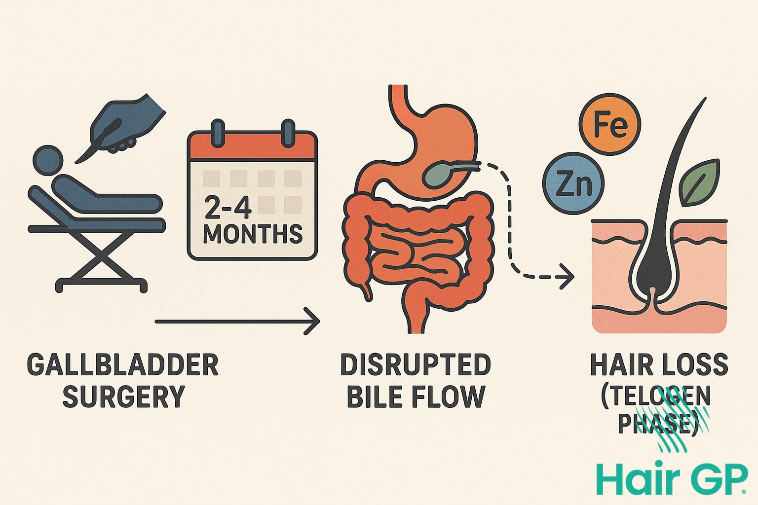 Infographic timeline showing how gallbladder removal leads to hair loss over 2-4 months