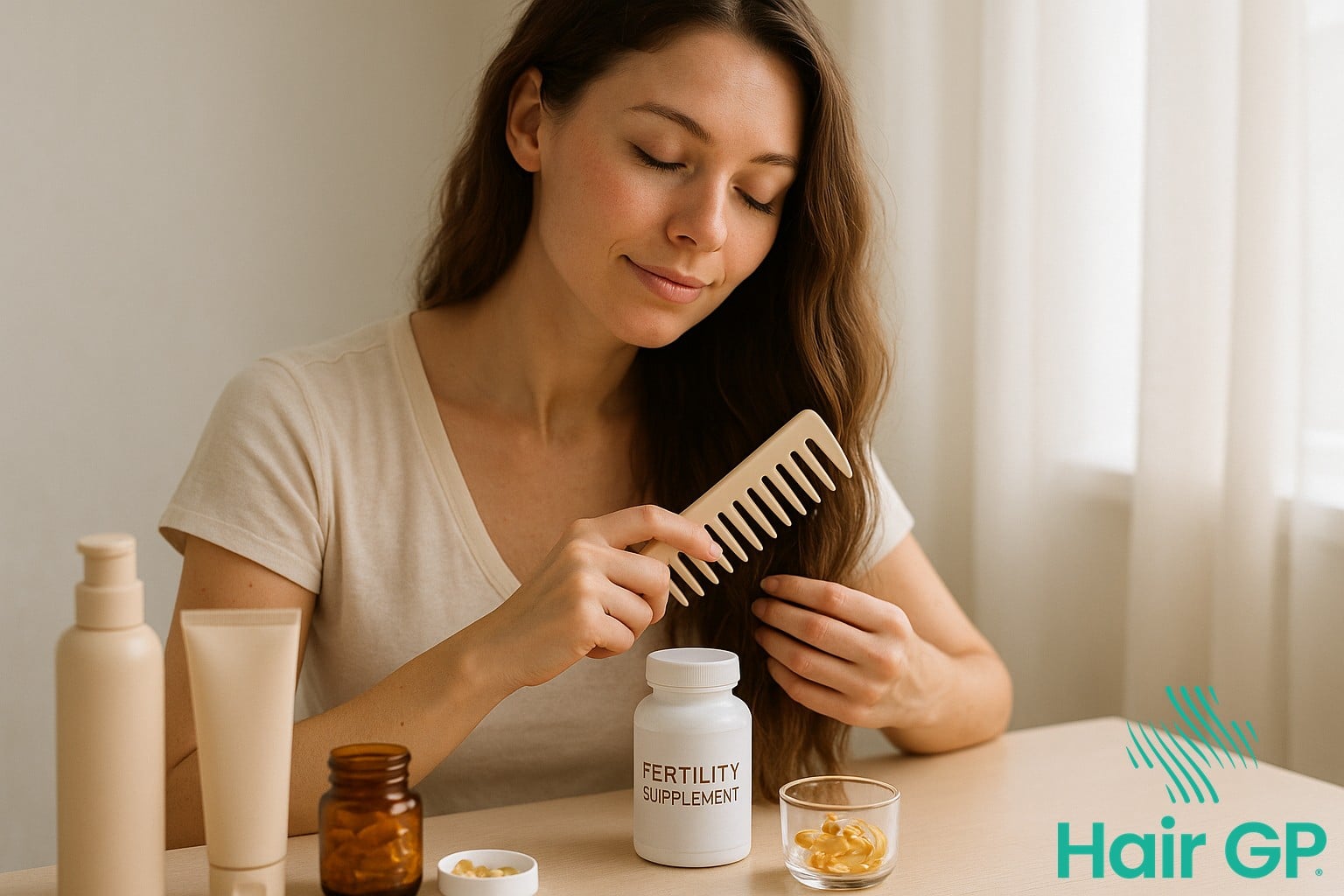 Woman practicing gentle hair care during fertility treatment