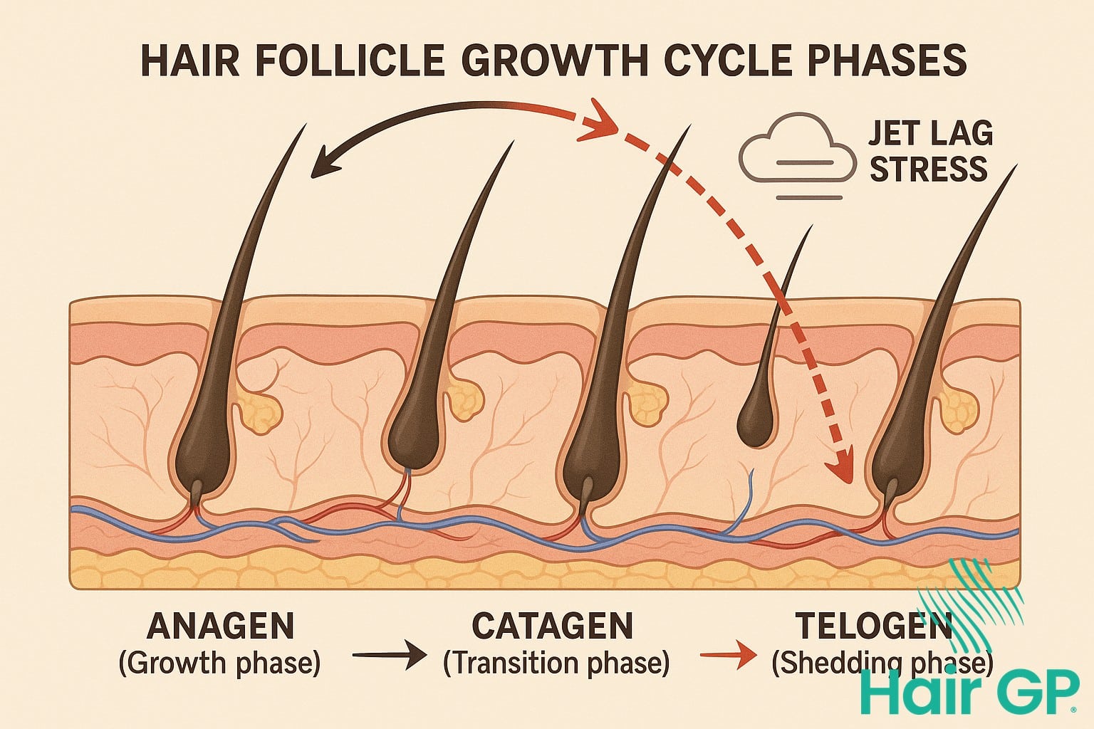 Hair follicle growth cycle diagram showing jet lag impact on hair phases