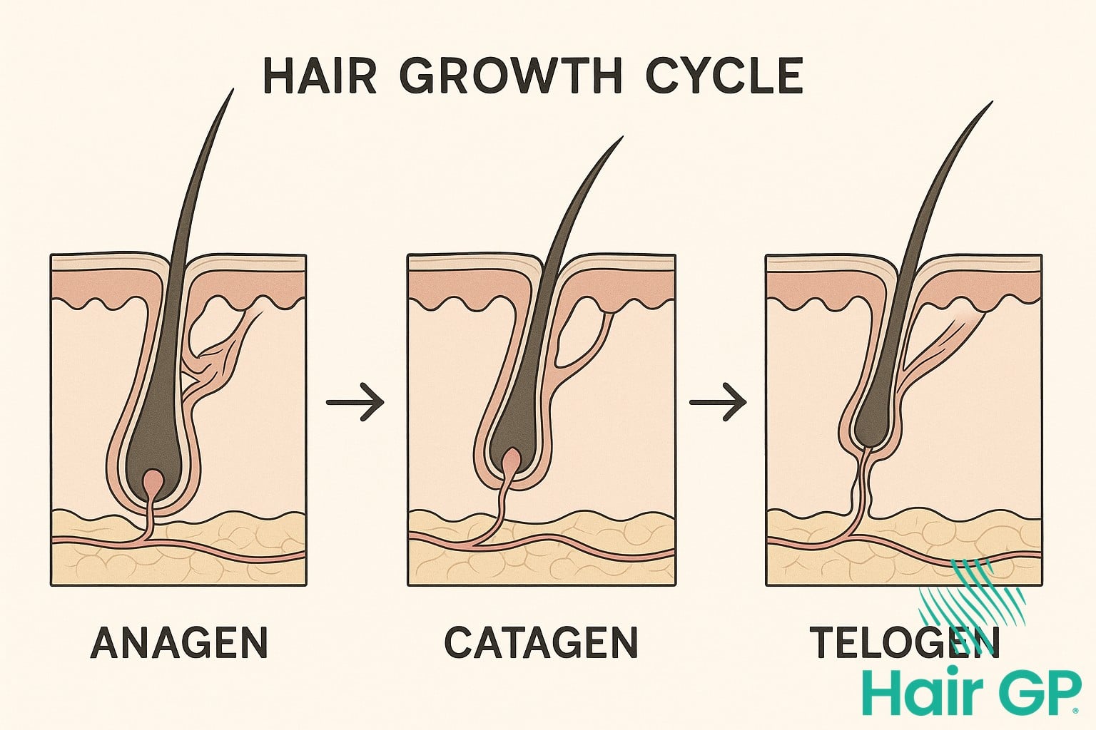 Diagram showing anagen, catagen, and telogen phases of hair growth cycle