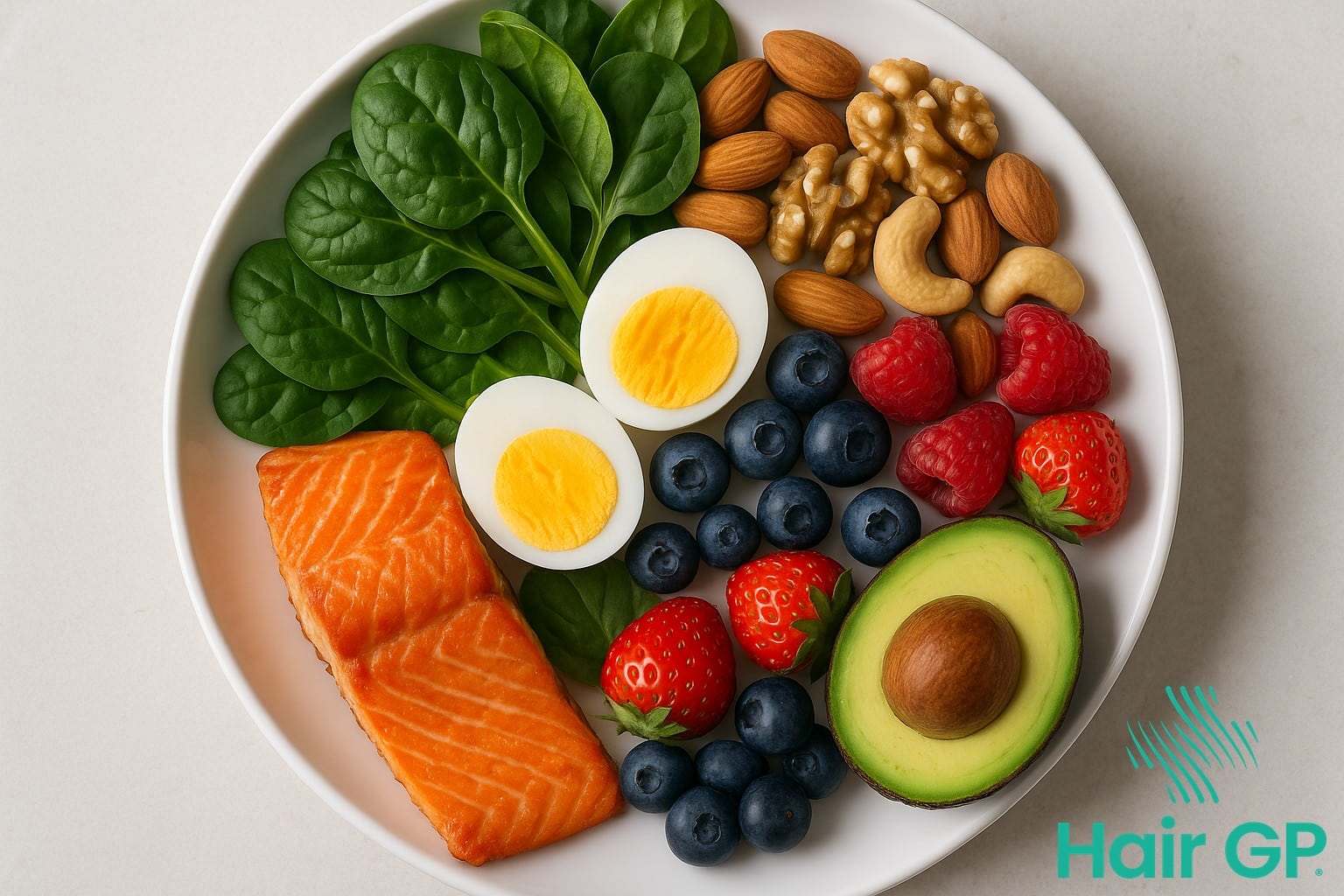 Healthy foods that support hair growth including salmon, greens, and nuts