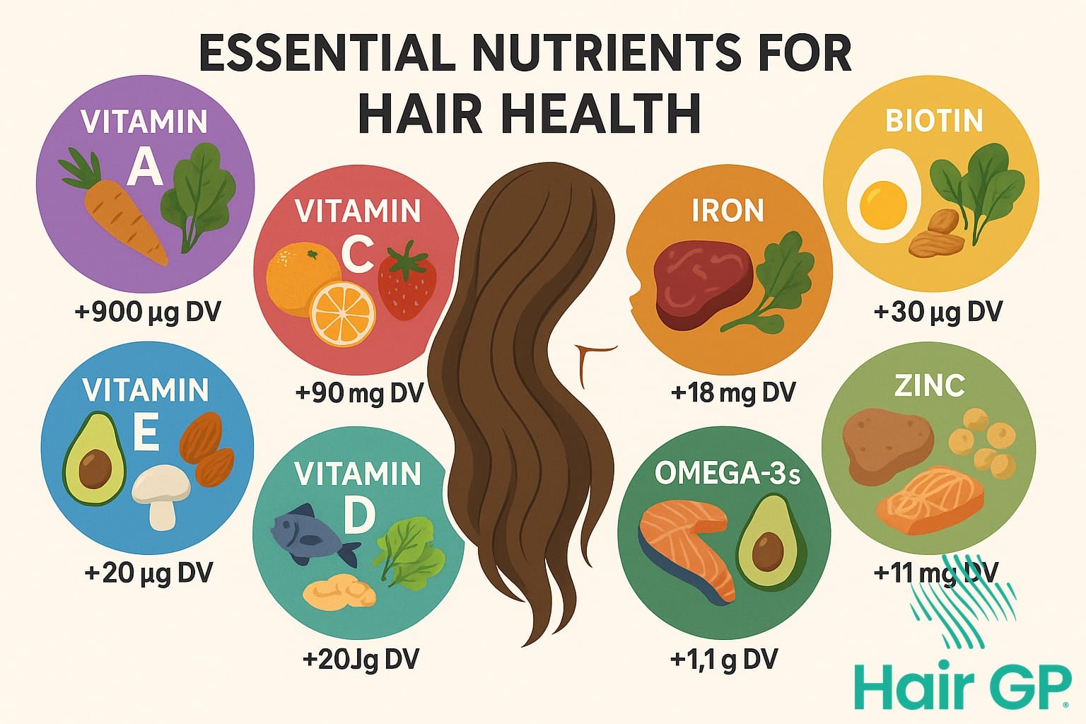 Infographic showing essential nutrients for healthy hair growth including biotin, iron, and protein
