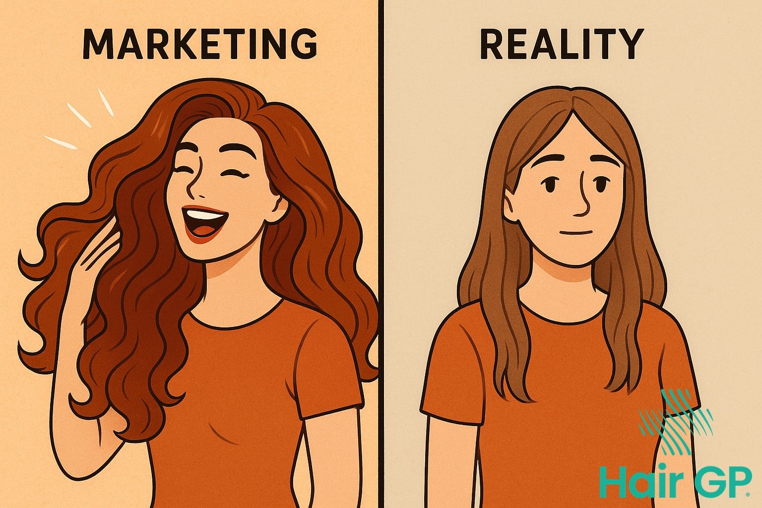 Illustration comparing hair loss treatment marketing claims versus realistic results