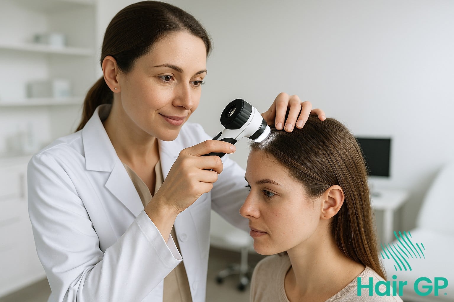 Dermatologist examining patient's scalp for hair loss treatment options