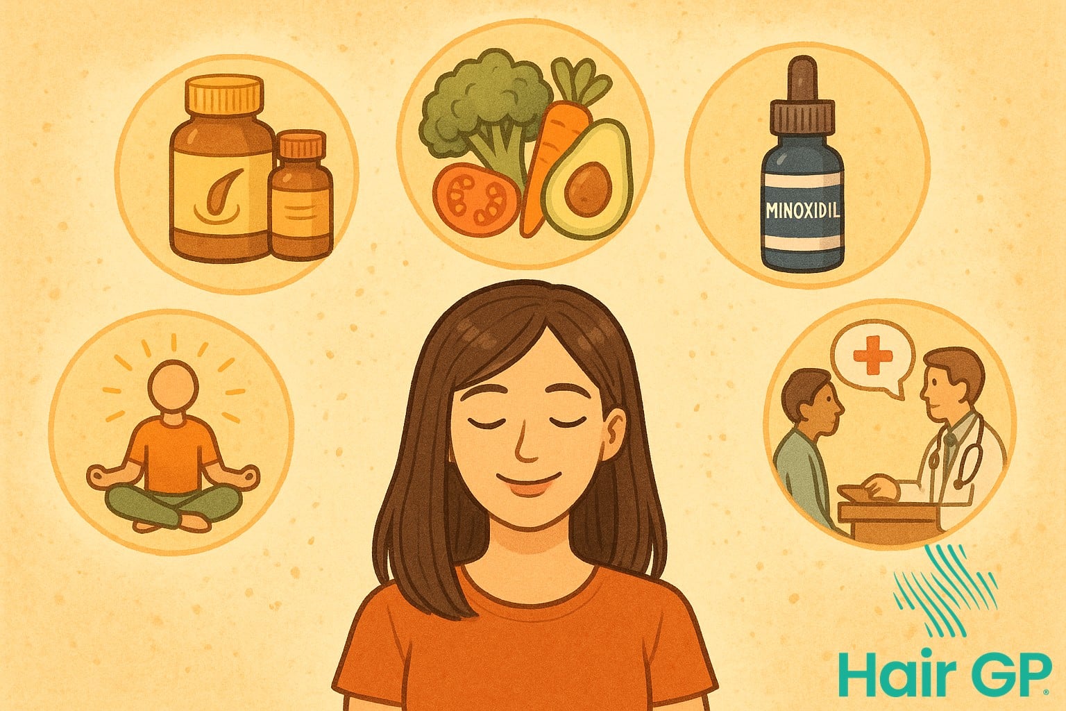 Illustrated guide to hair loss treatments after gallbladder removal including supplements and minoxidil
