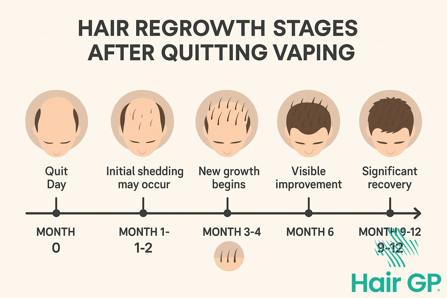 Infographic showing 12-month hair recovery timeline after stopping vaping