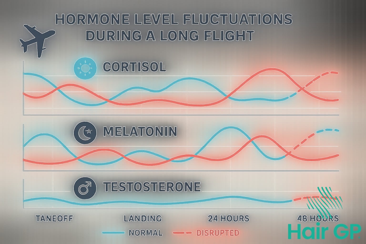 Infographic showing cortisol, melatonin, and testosterone changes during air travel