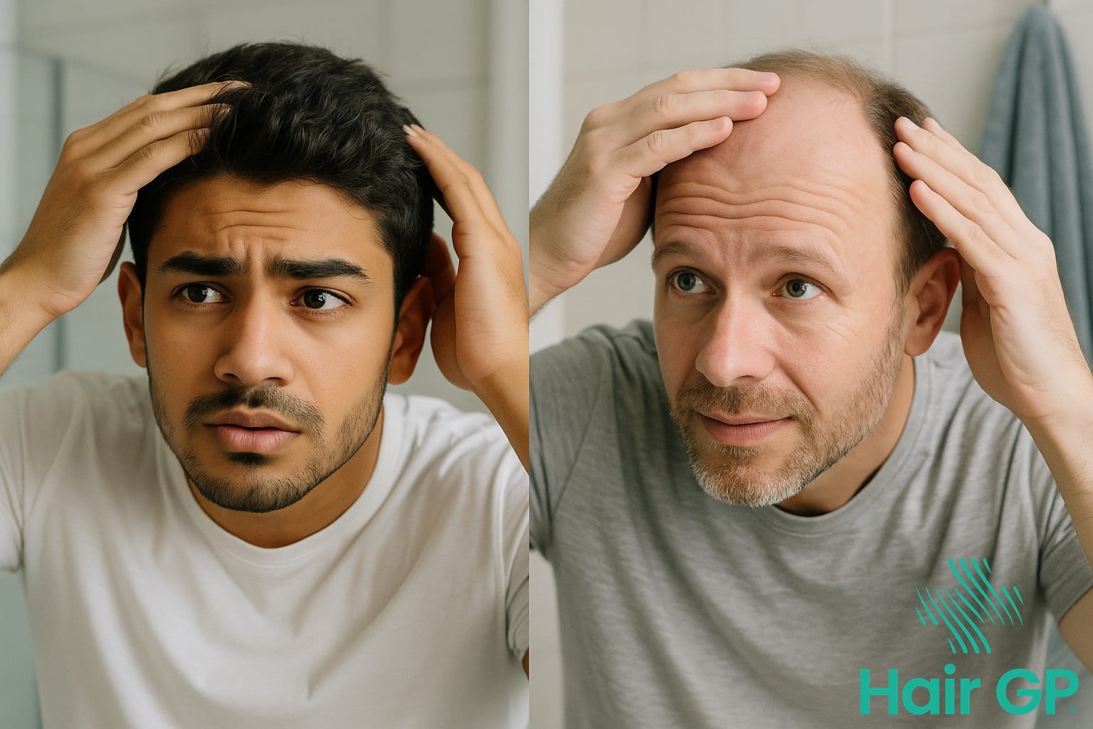 Men of different ages examining their hairlines to assess genetic hair loss risk