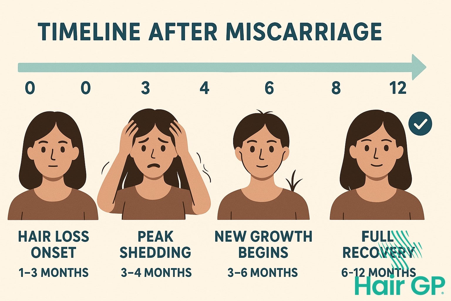 Timeline showing hair loss and regrowth phases after miscarriage over 12 months