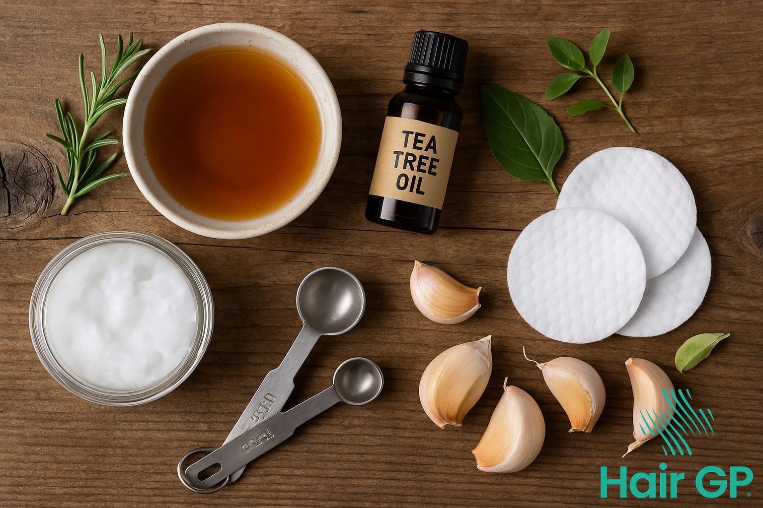 Natural remedies for scalp yeast including apple cider vinegar, tea tree oil, and coconut oil on wooden surface