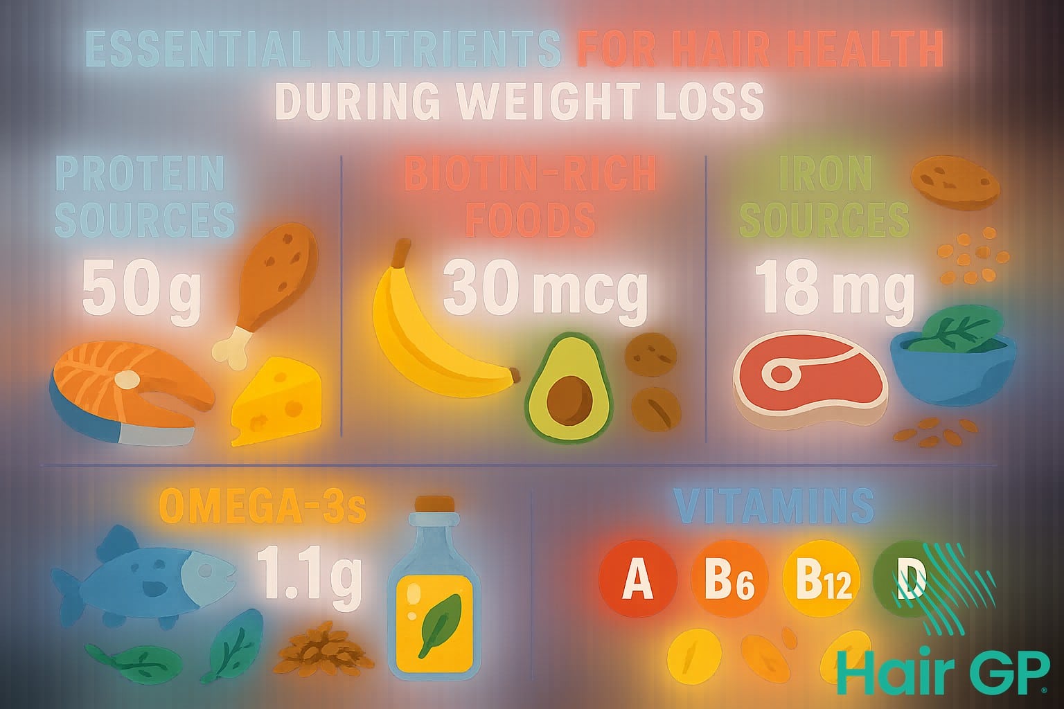 Infographic showing essential nutrients to prevent hair loss during dieting