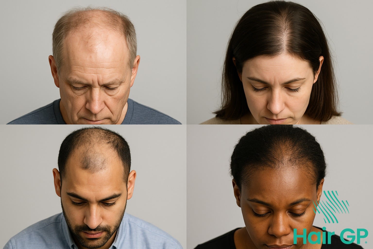 Male and female patients showing various stages of hair loss suitable for PRP treatment