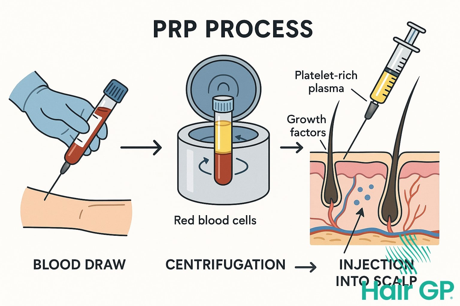Diagram showing PRP treatment process for hair loss from blood draw to scalp injection