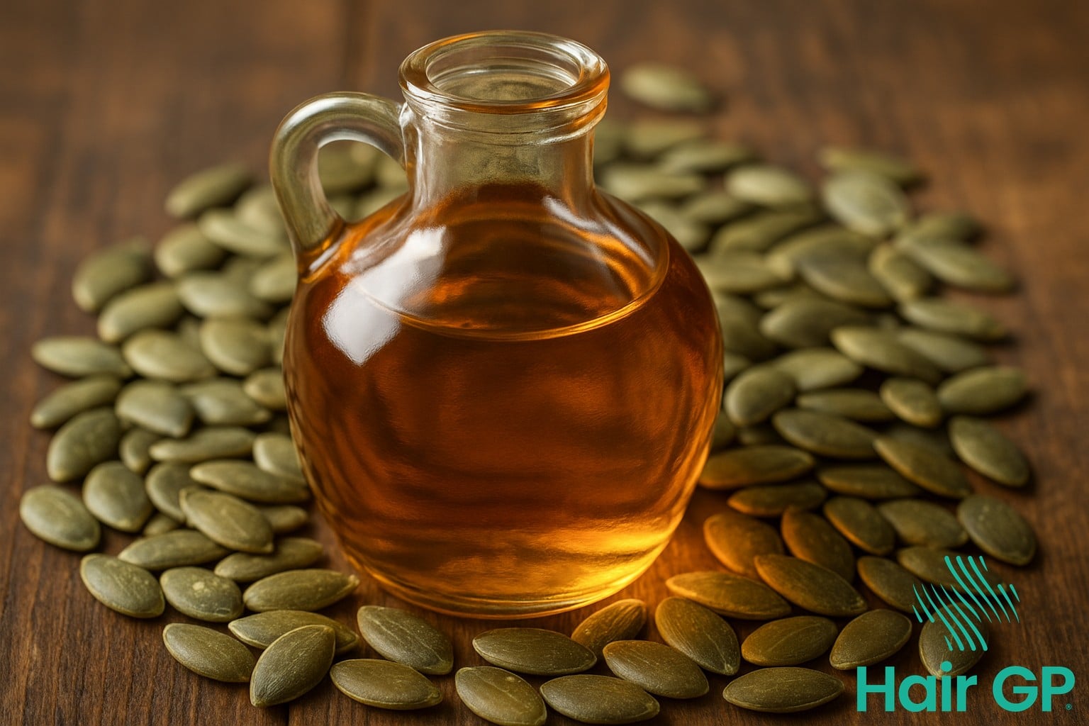 Pumpkin seed oil in glass bottle with raw pumpkin seeds for hair loss treatment