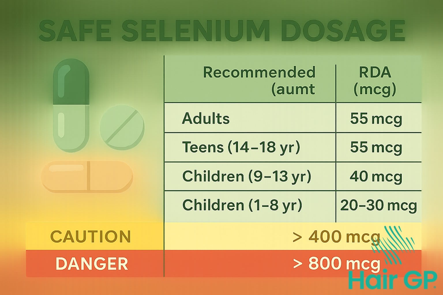 Infographic showing safe selenium supplement dosage guidelines