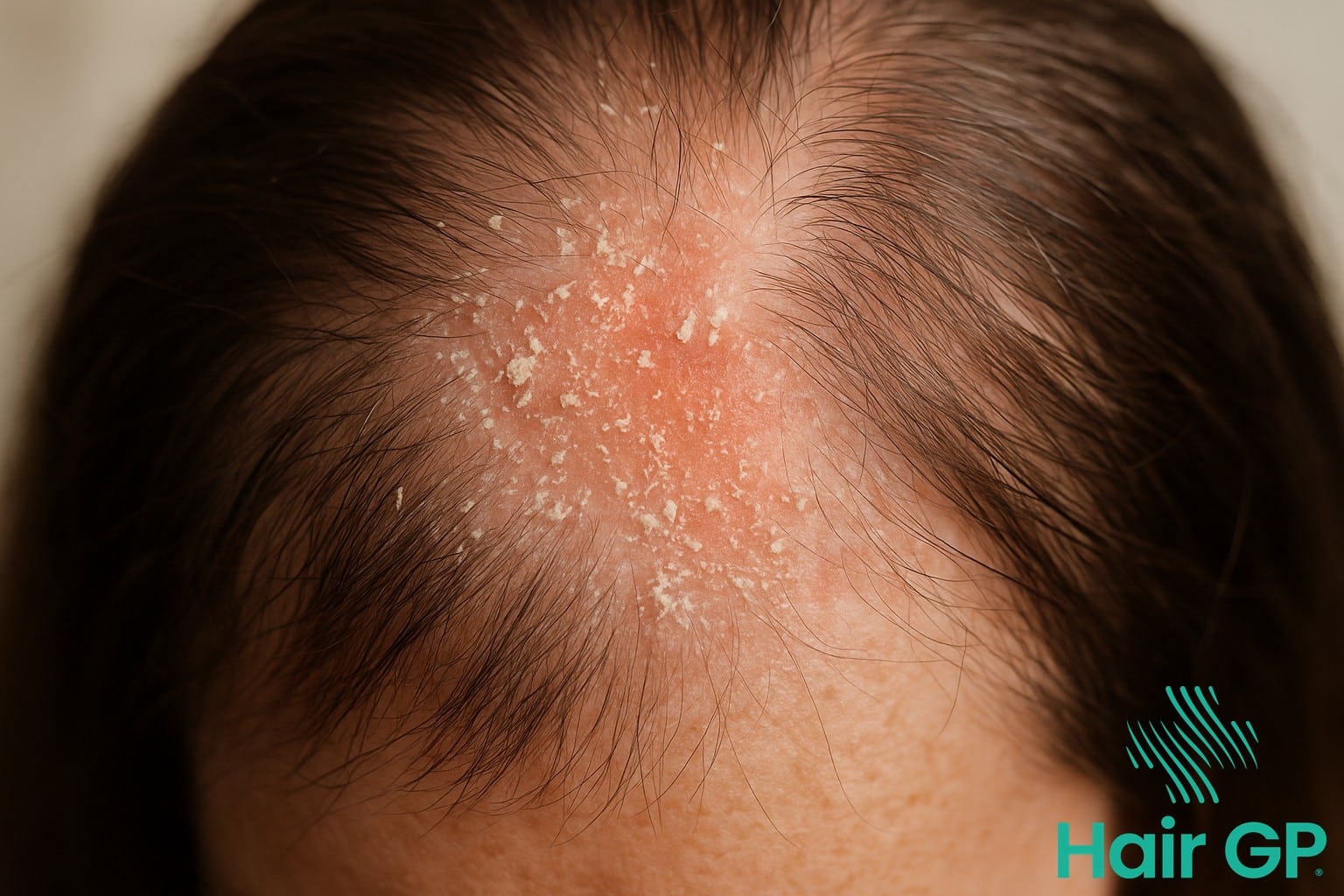 Close-up of scalp showing yeast infection symptoms including redness, flaking, and hair thinning
