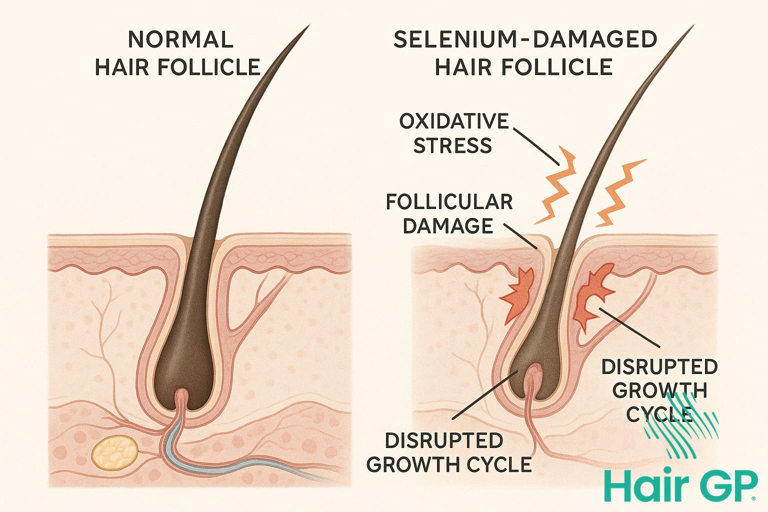Diagram showing how selenium toxicity damages hair follicles