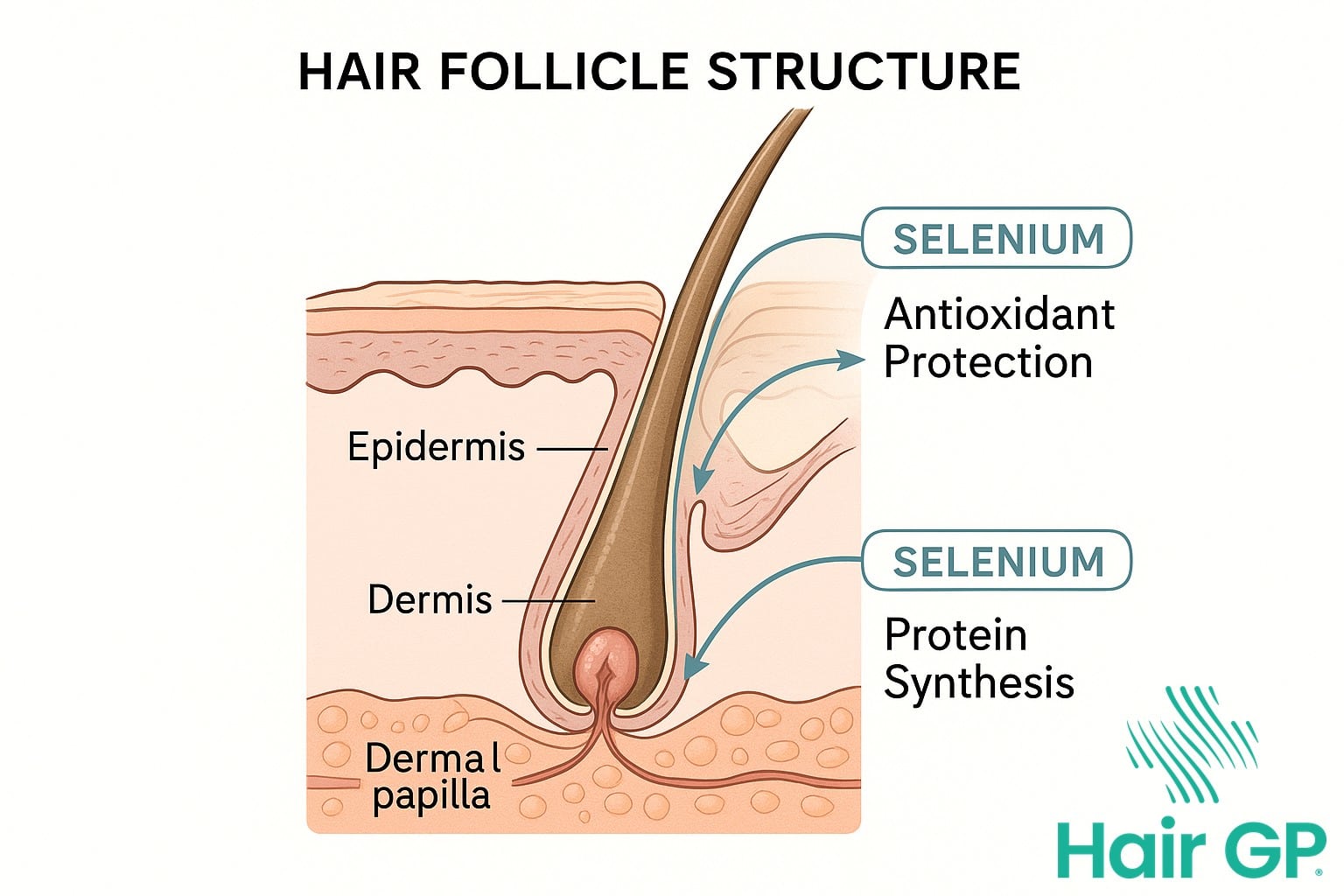Diagram showing how selenium supports hair follicle health and growth