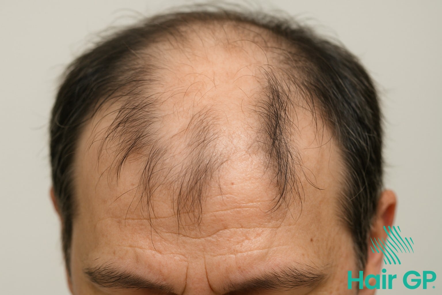 Close-up of scalp showing patchy hair loss from selenium overdose