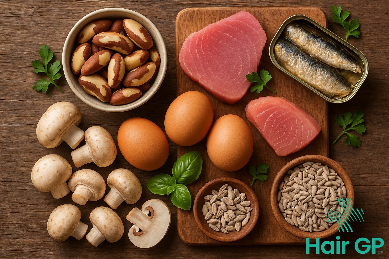Selenium-rich foods including Brazil nuts, seafood, and eggs for thyroid and hair health