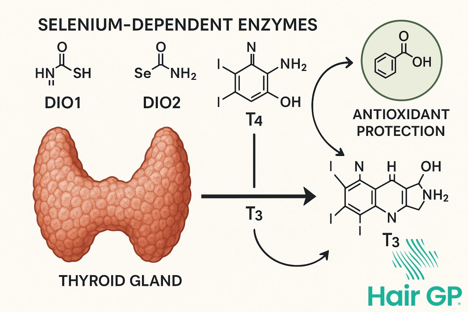 Diagram showing selenium's role in thyroid hormone conversion and enzyme function