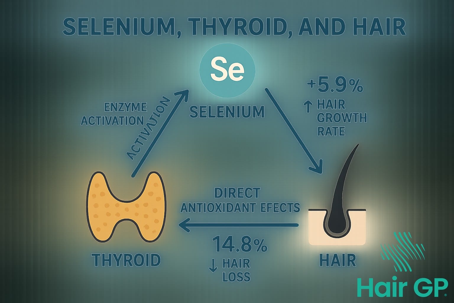 Infographic illustrating the triangular relationship between selenium, thyroid function, and hair health