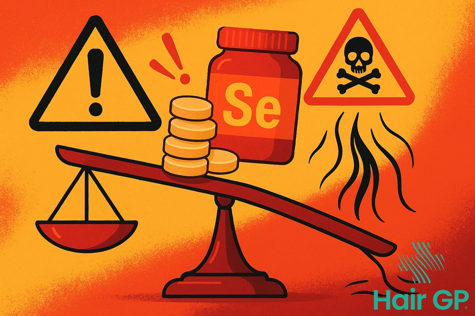 Illustration warning about selenium toxicity causing hair loss