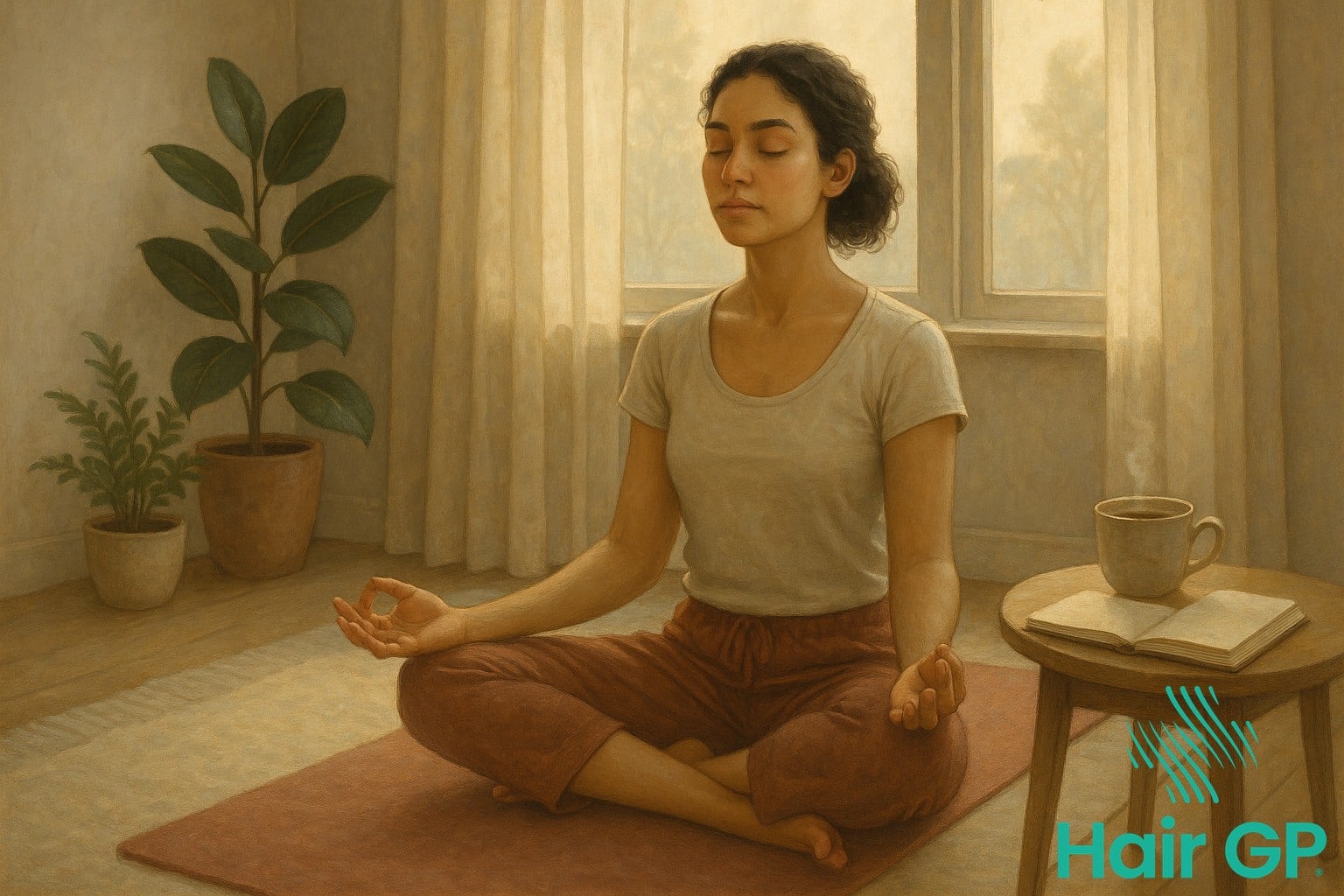 Woman practicing meditation for stress relief during hair loss recovery