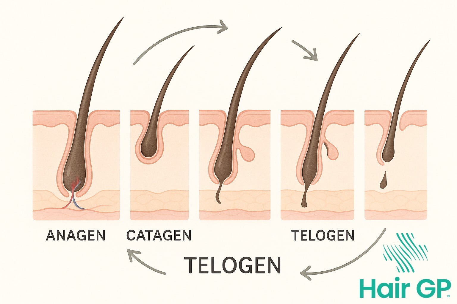 Hair growth cycle illustration showing telogen effluvium after bariatric surgery