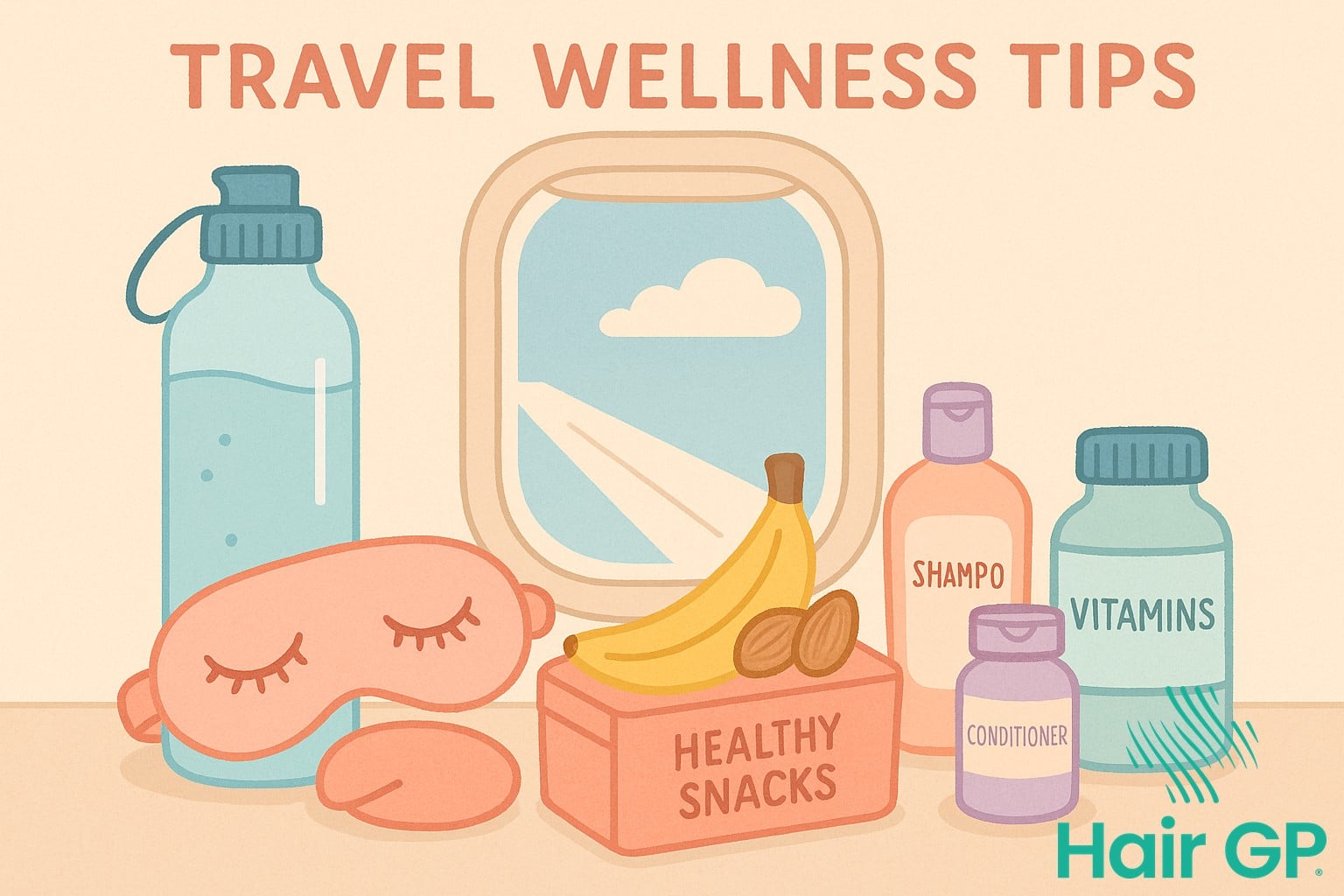Illustration of travel wellness items for preventing hair loss during flights