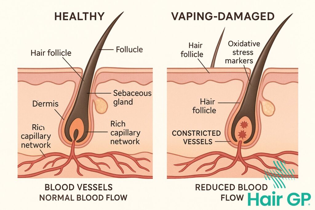 Diagram showing how vaping damages hair follicles by reducing blood flow