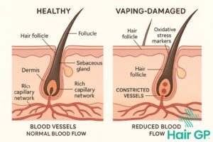 Diagram showing how vaping damages hair follicles by reducing blood flow