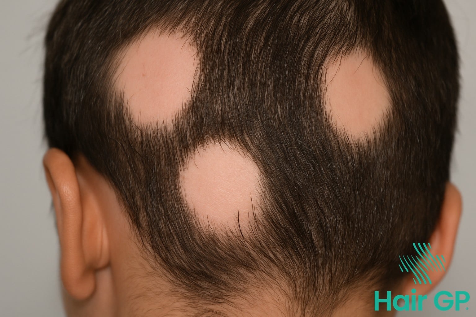 Alopecia areata showing characteristic patchy hair loss with exclamation mark hairs