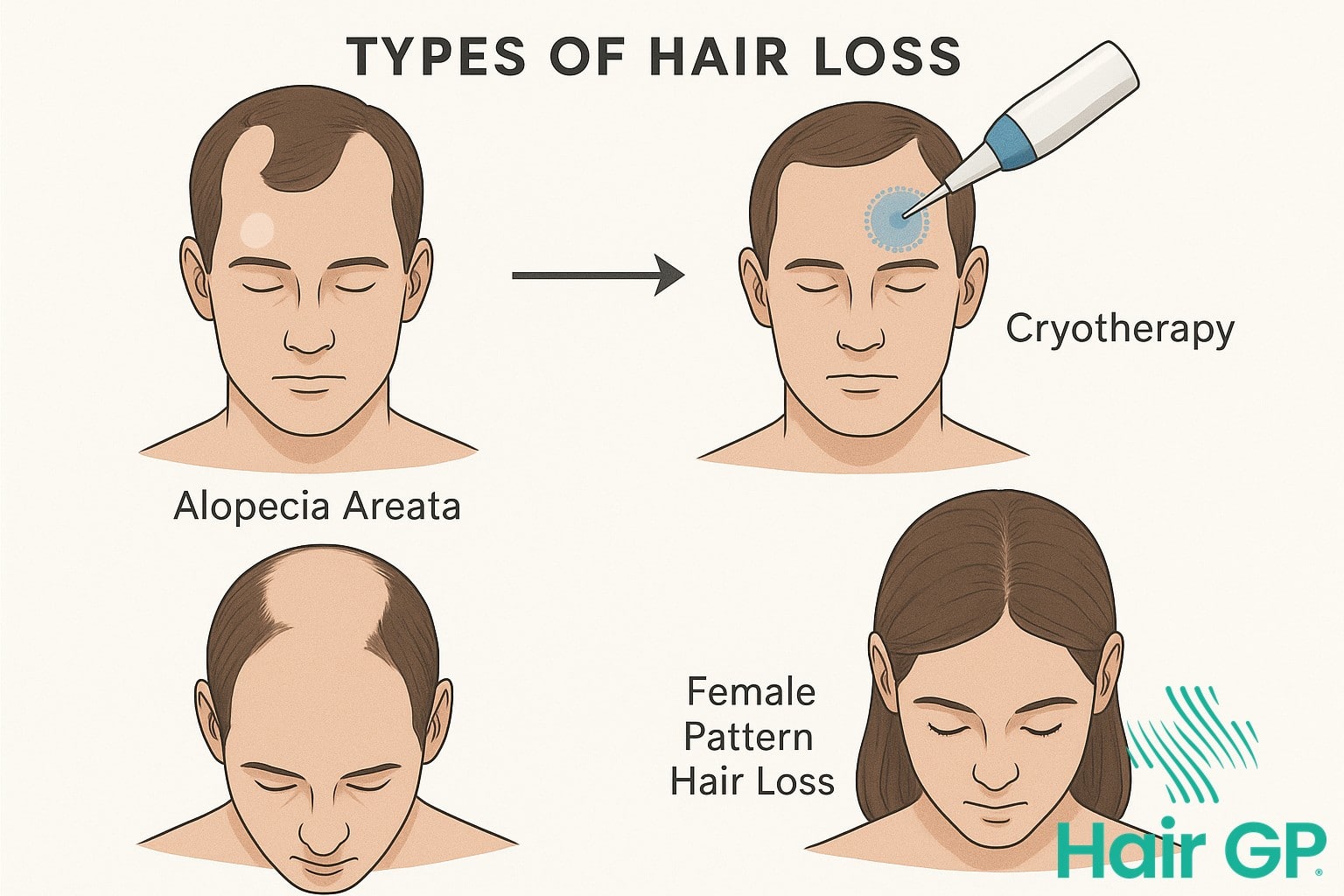 Illustration of alopecia areata patches being treated with targeted cryotherapy