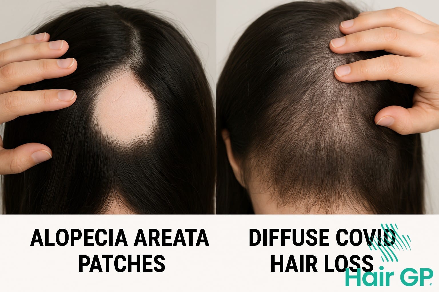 Visual comparison between patchy alopecia areata and diffuse COVID hair thinning