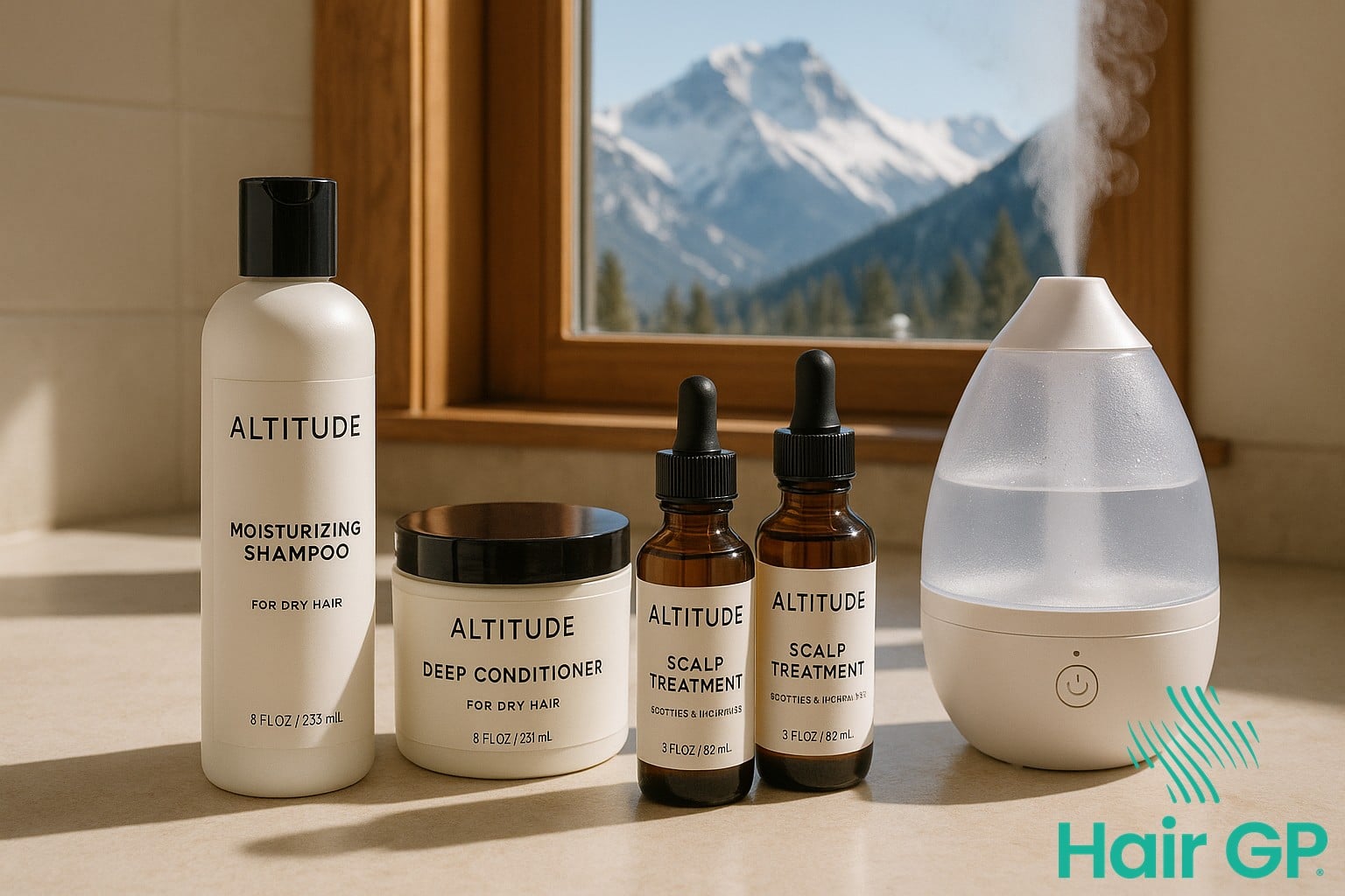 Hair care products and treatments specifically for high altitude hair loss on bathroom counter