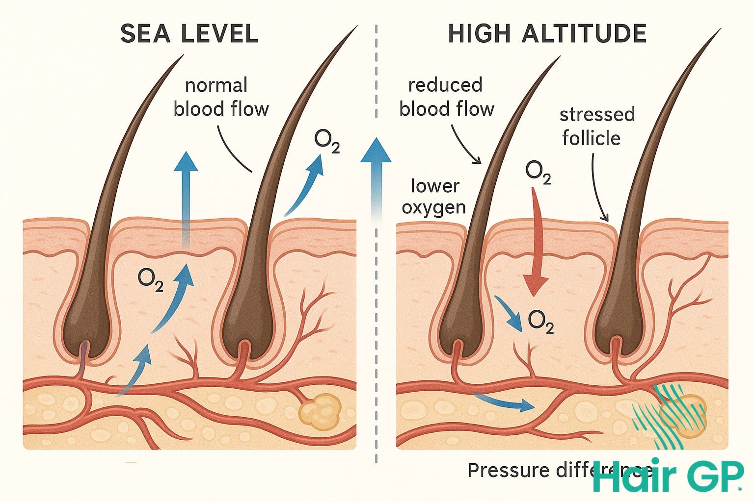 Diagram comparing hair follicles at sea level versus high altitude showing oxygen and blood flow differences