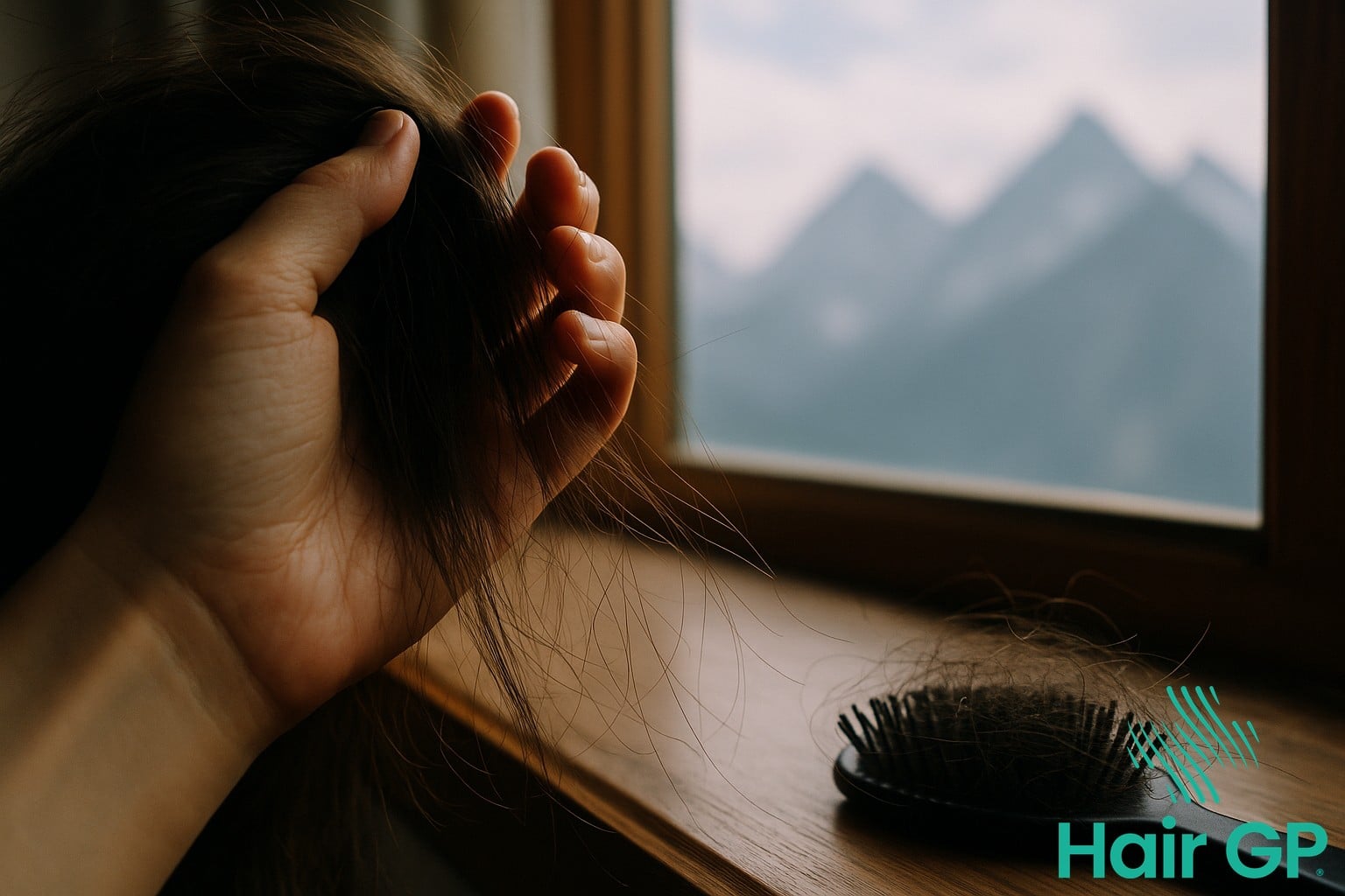 Person experiencing hair shedding at high altitude with mountain view in background