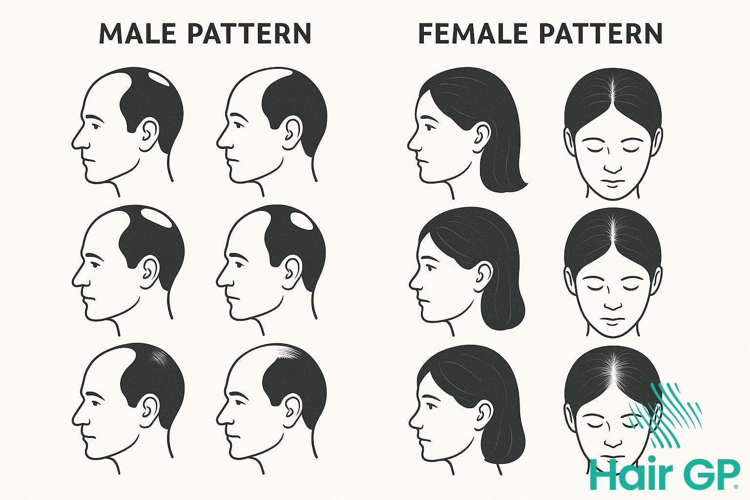 Diagram comparing male and female androgenetic alopecia patterns