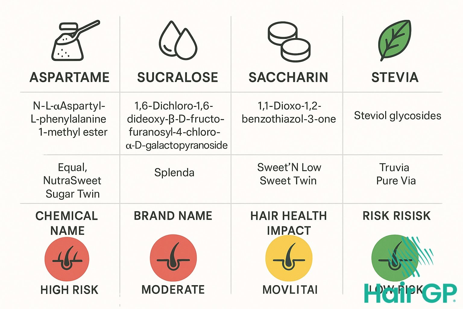 Infographic comparing different artificial sweeteners and their impact on hair health