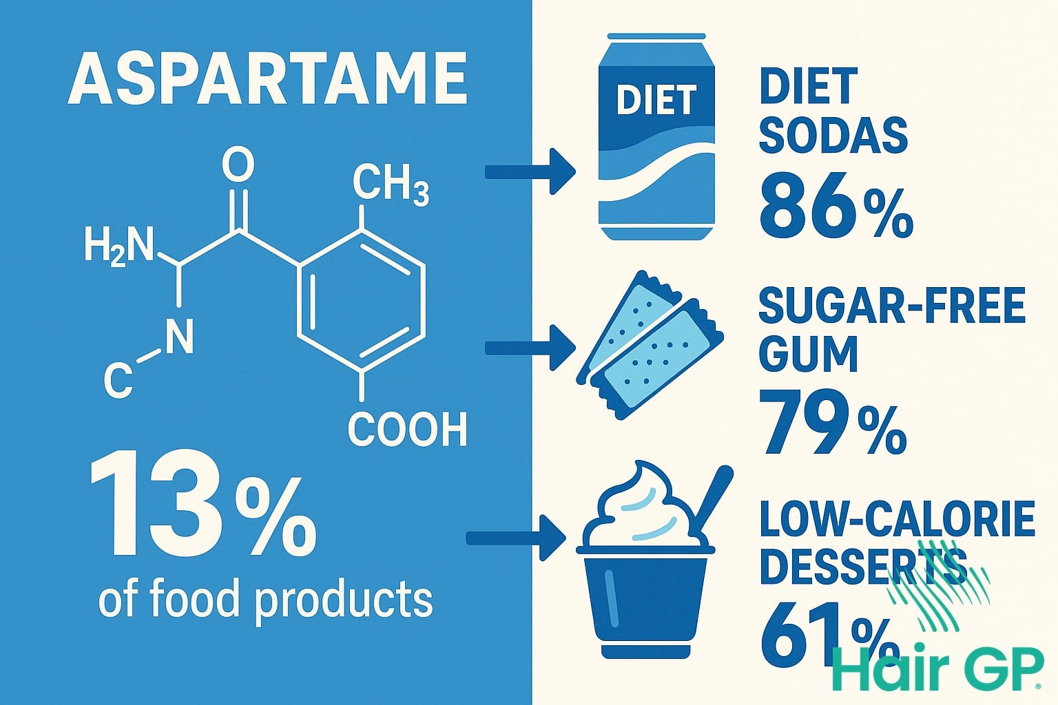 Infographic showing aspartame molecular structure and common products containing this artificial sweetener