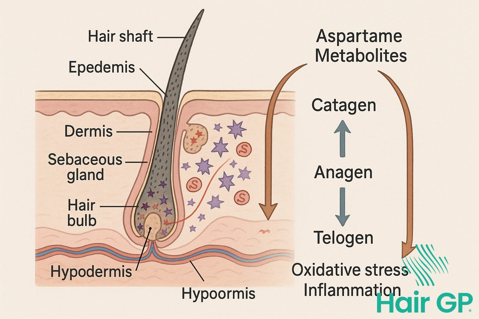 Medical diagram showing how aspartame affects hair follicles and the hair growth cycle