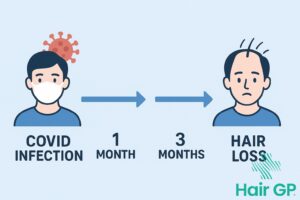 Timeline showing hair loss progression after COVID-19 infection from initial infection through recovery